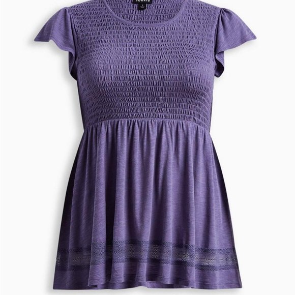 torrid Tops - Torrid - Size 2 - Babydoll Crew Neck Smocked Bodice Lace Inset Top